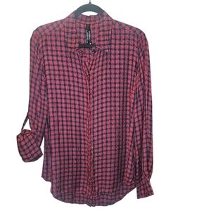 Liverpool Womens Medium Red Navy Plaid Button Front High Low Hem Collared Shirt